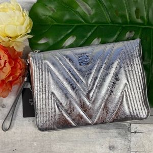 MCM wristlet zip pouch quilted metallic silver